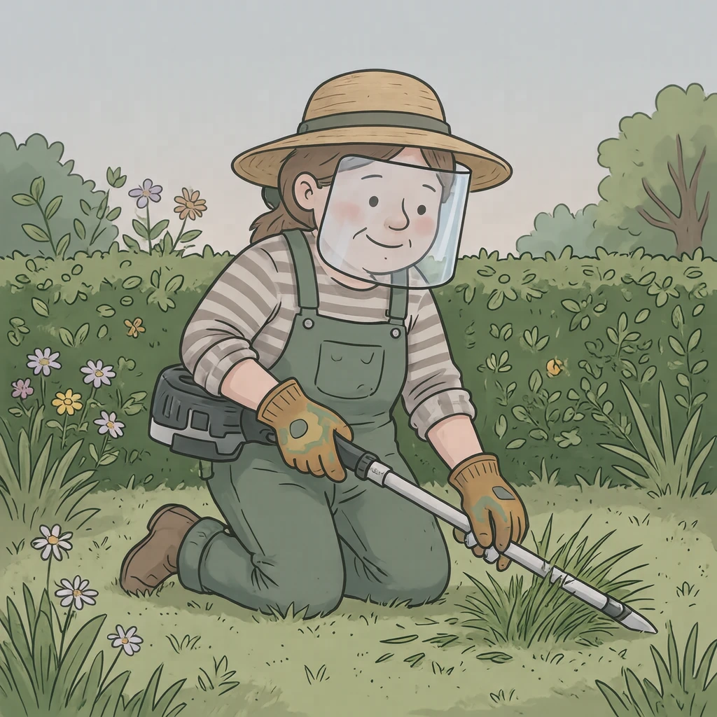 庭で草刈り機を使って草を刈る住民のイラスト（ゆるいイラスト）