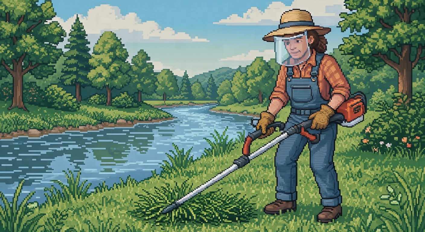 河川敷で草刈り機を使って草を刈る住民のイラスト（ドット絵）