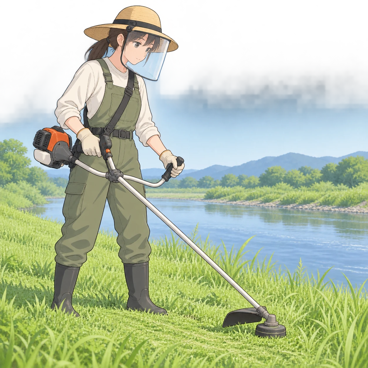 河川敷で草刈り機を使って草を刈る住民のイラスト（シンプル線画）