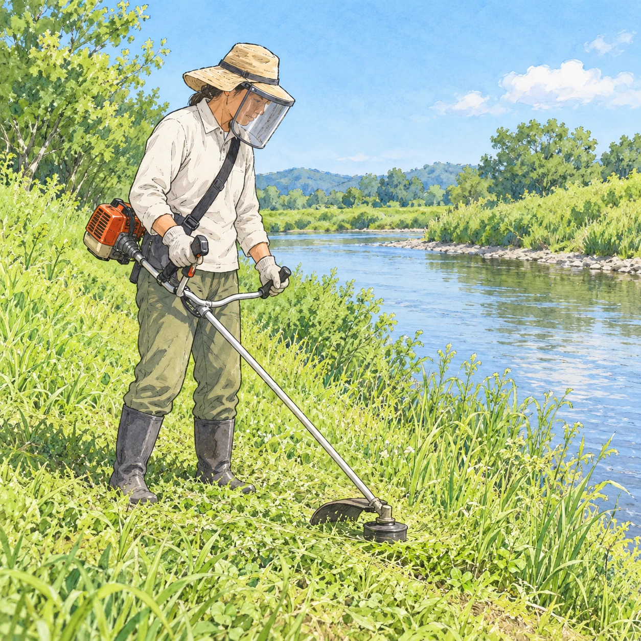 河川敷で草刈り機を使って草を刈る住民のイラスト（手描き風）