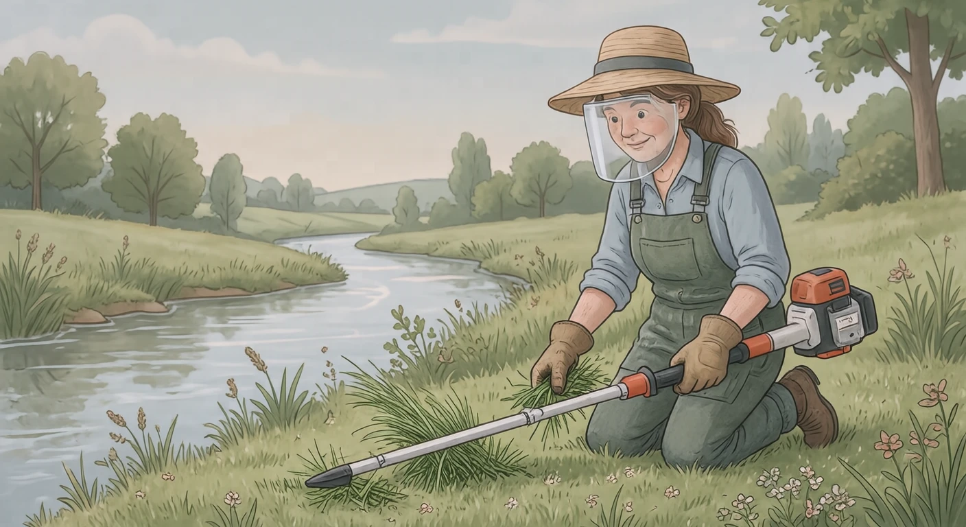 河川敷で草刈り機を使って草を刈る住民のイラスト（ソフトパステル）