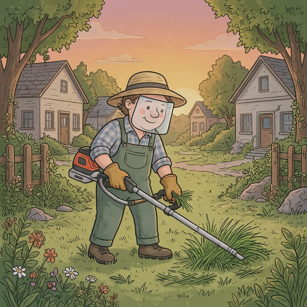空き地で草刈り機を使って草を刈る住民のイラスト（ゆるいイラスト）
