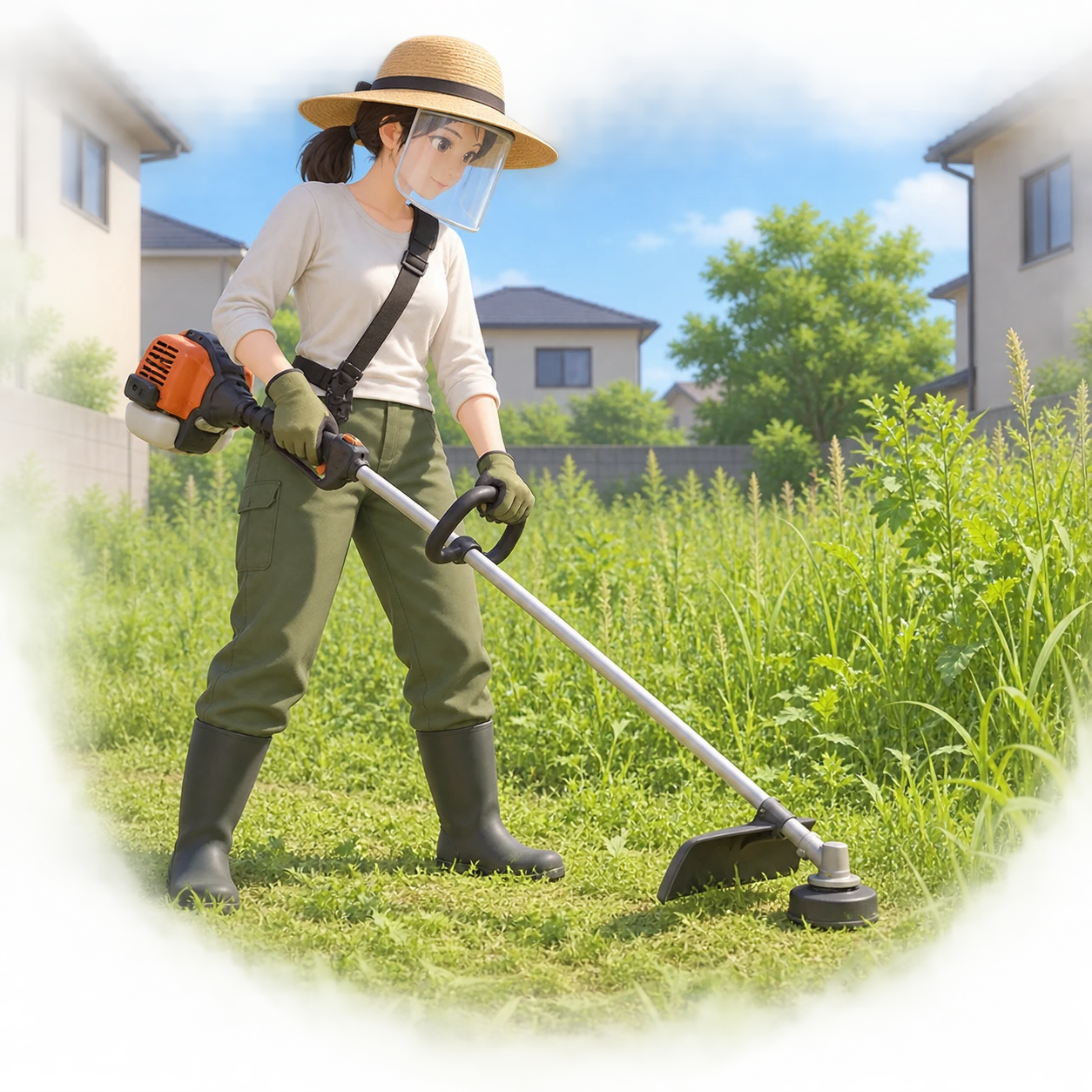 空き地で草刈り機を使って草を刈る住民のイラスト（アイソメトリック）