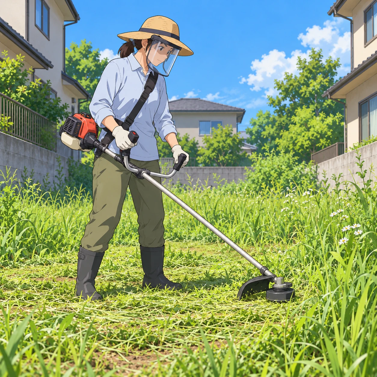 空き地で草刈り機を使って草を刈る住民のイラスト（アニメ塗り）