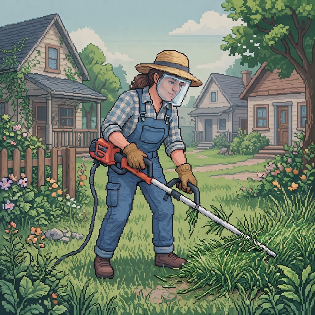 空き地で草刈り機を使って草を刈る住民のイラスト（ドット絵）
