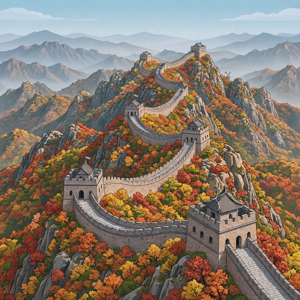 世界遺産・紅葉の山に続く万里の長城のイラスト(アイソメトリック)