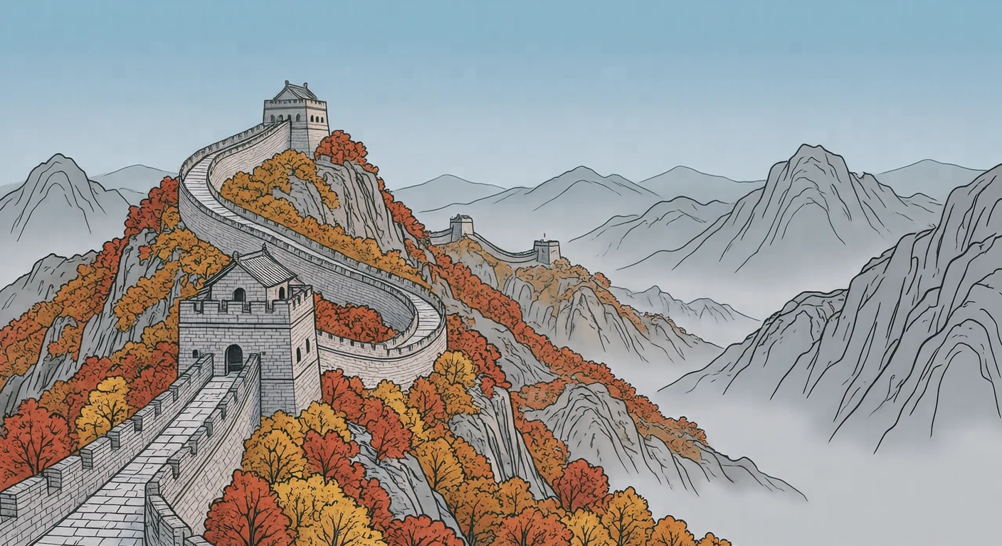 世界遺産・紅葉の山に続く万里の長城のイラスト(シンプル線画)