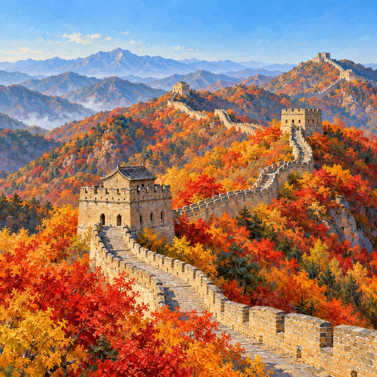 世界遺産・紅葉の山に続く万里の長城のイラスト（油彩）