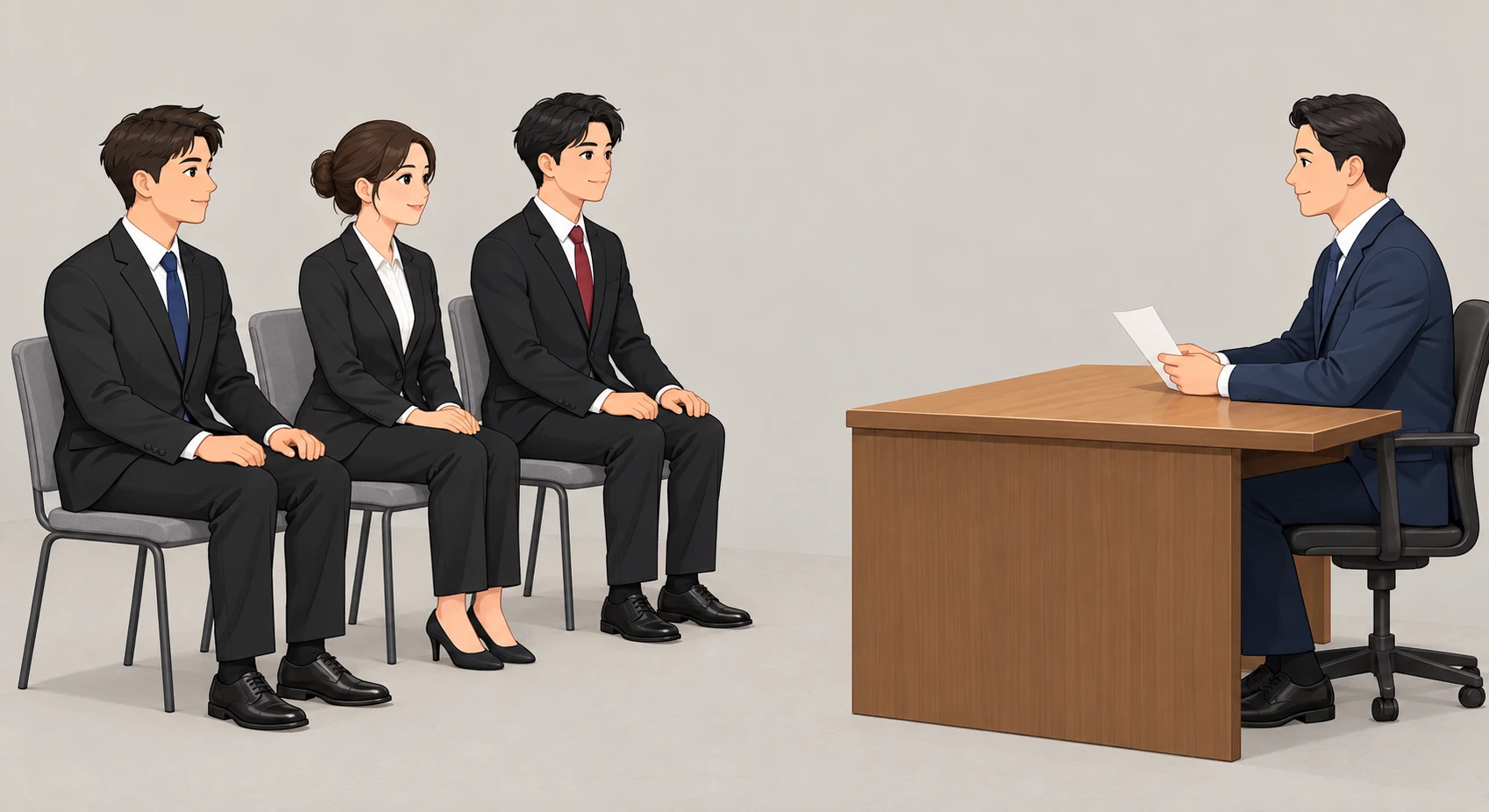 Illustration of a group interview with three applicants seated in a row (isometric)