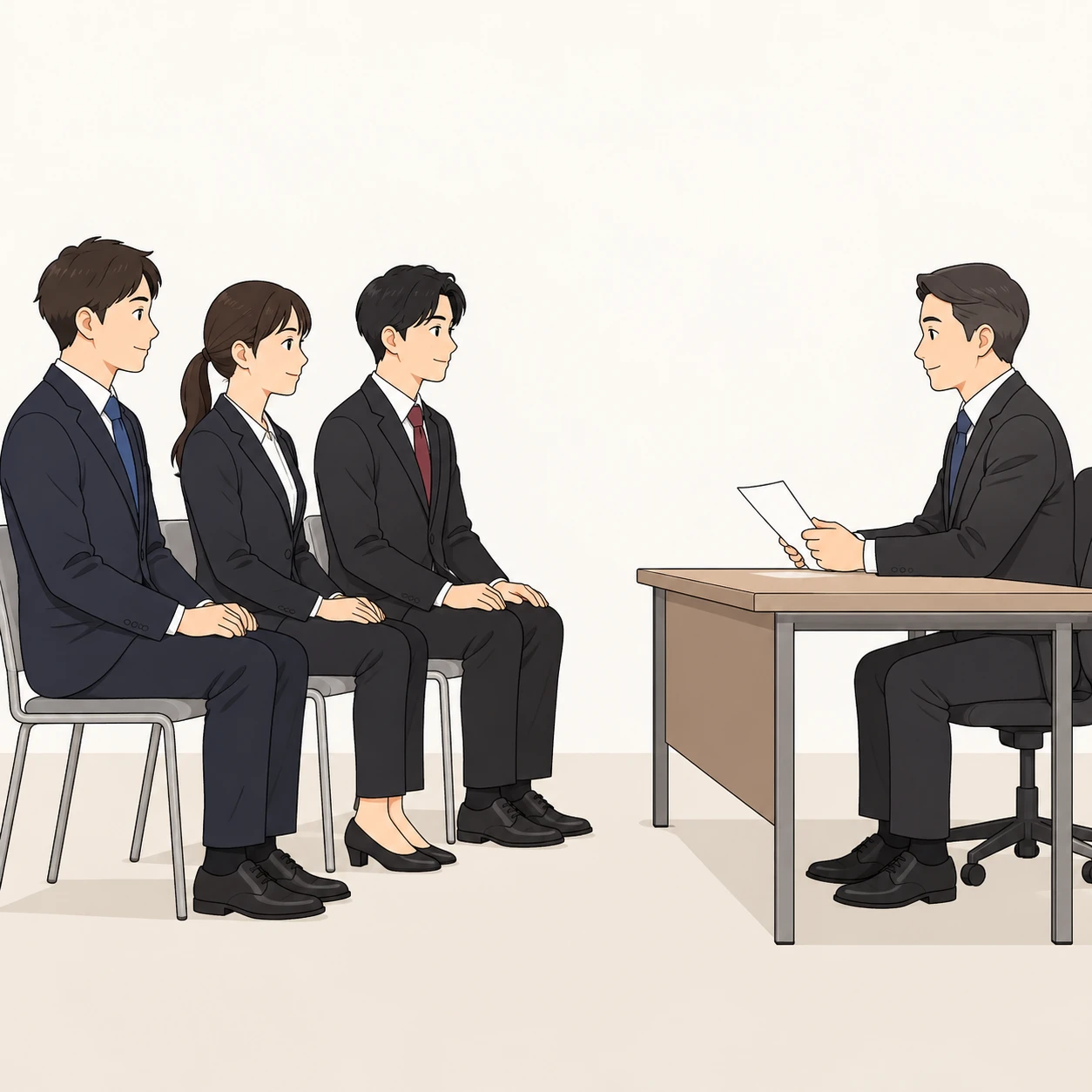 Illustration of a group interview with three applicants seated in a row (simple line art)