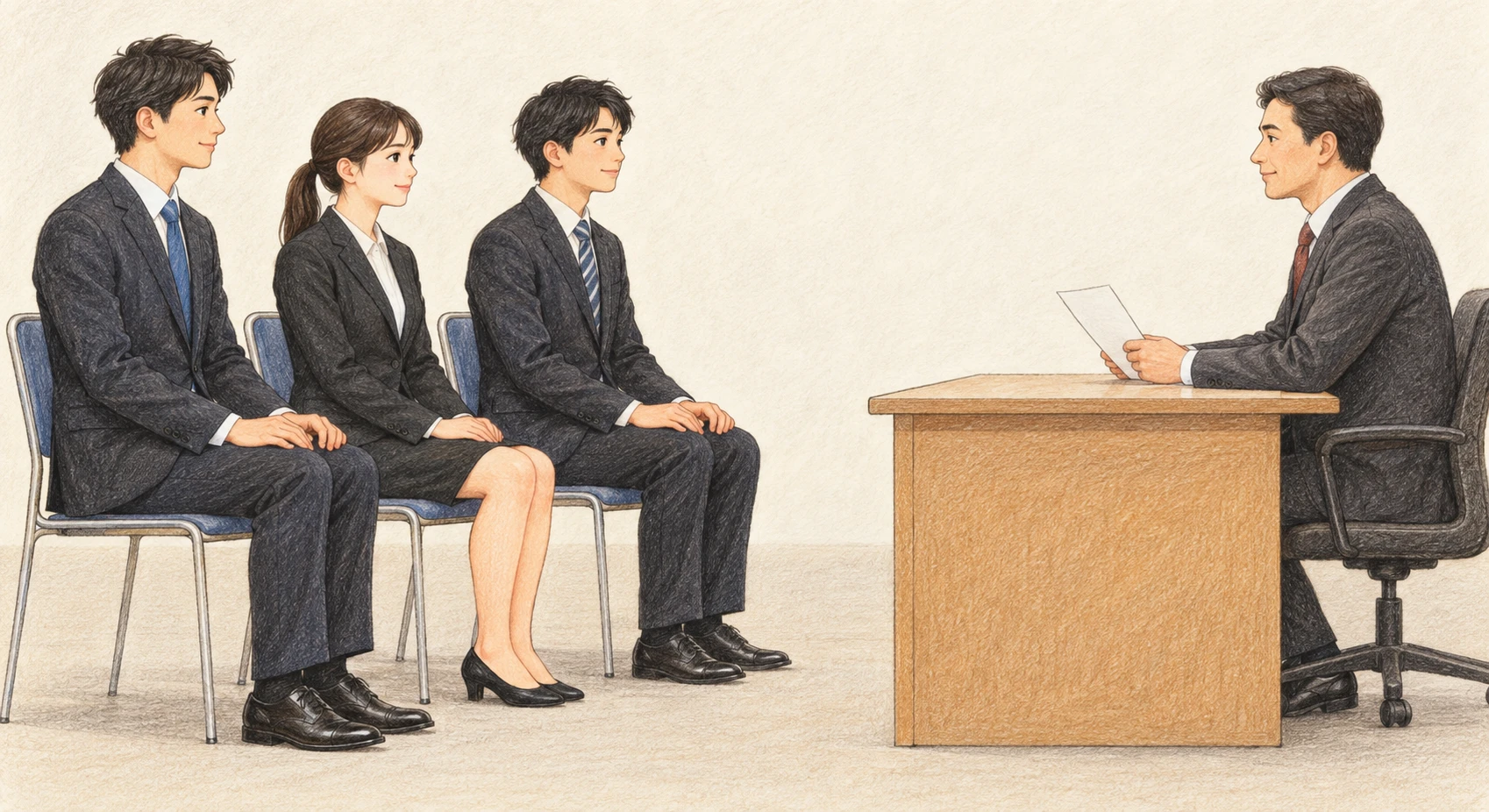 Illustration of a group interview with three applicants seated in a row (colored pencil)