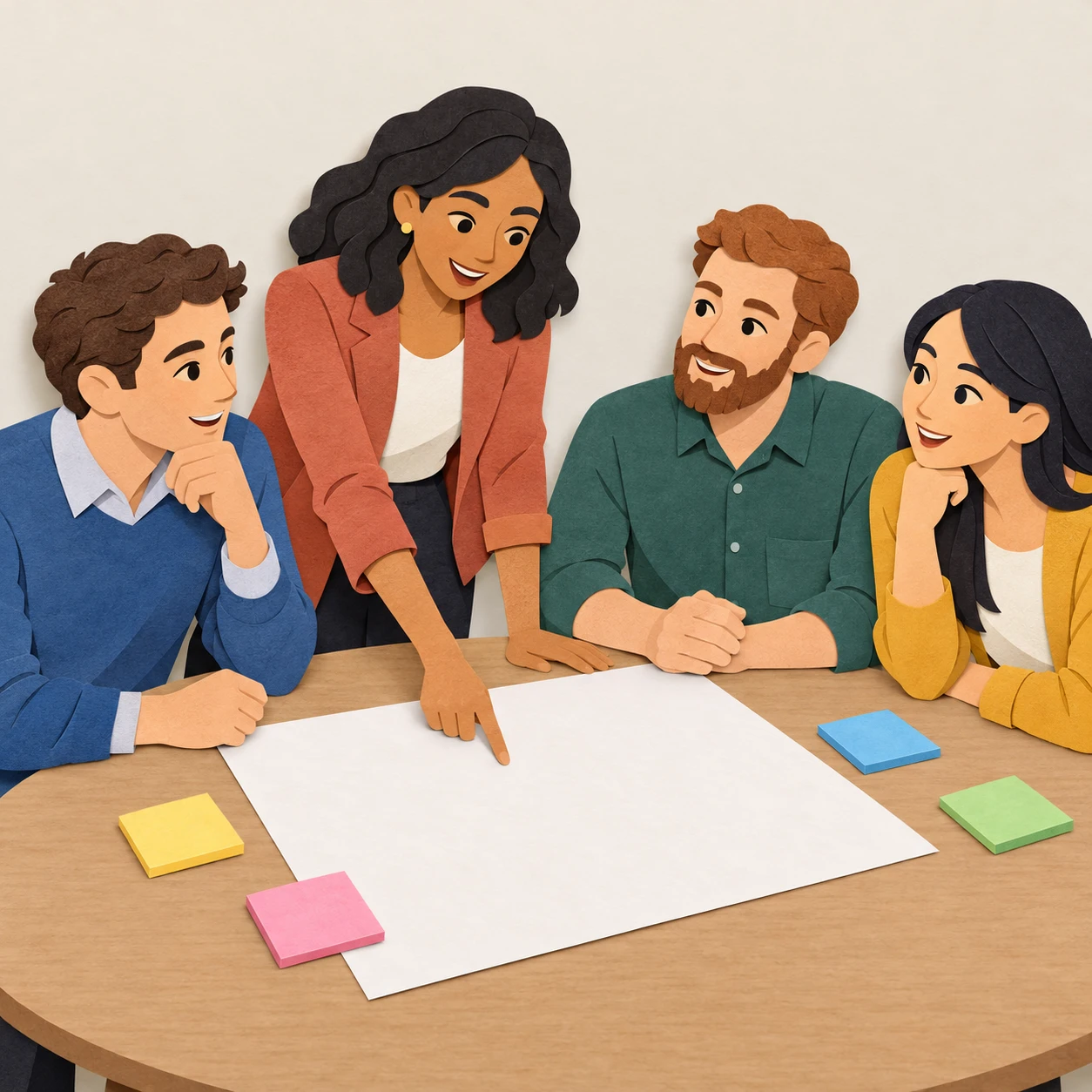 Illustration of a group work session in a training seminar (paper cut-out)
