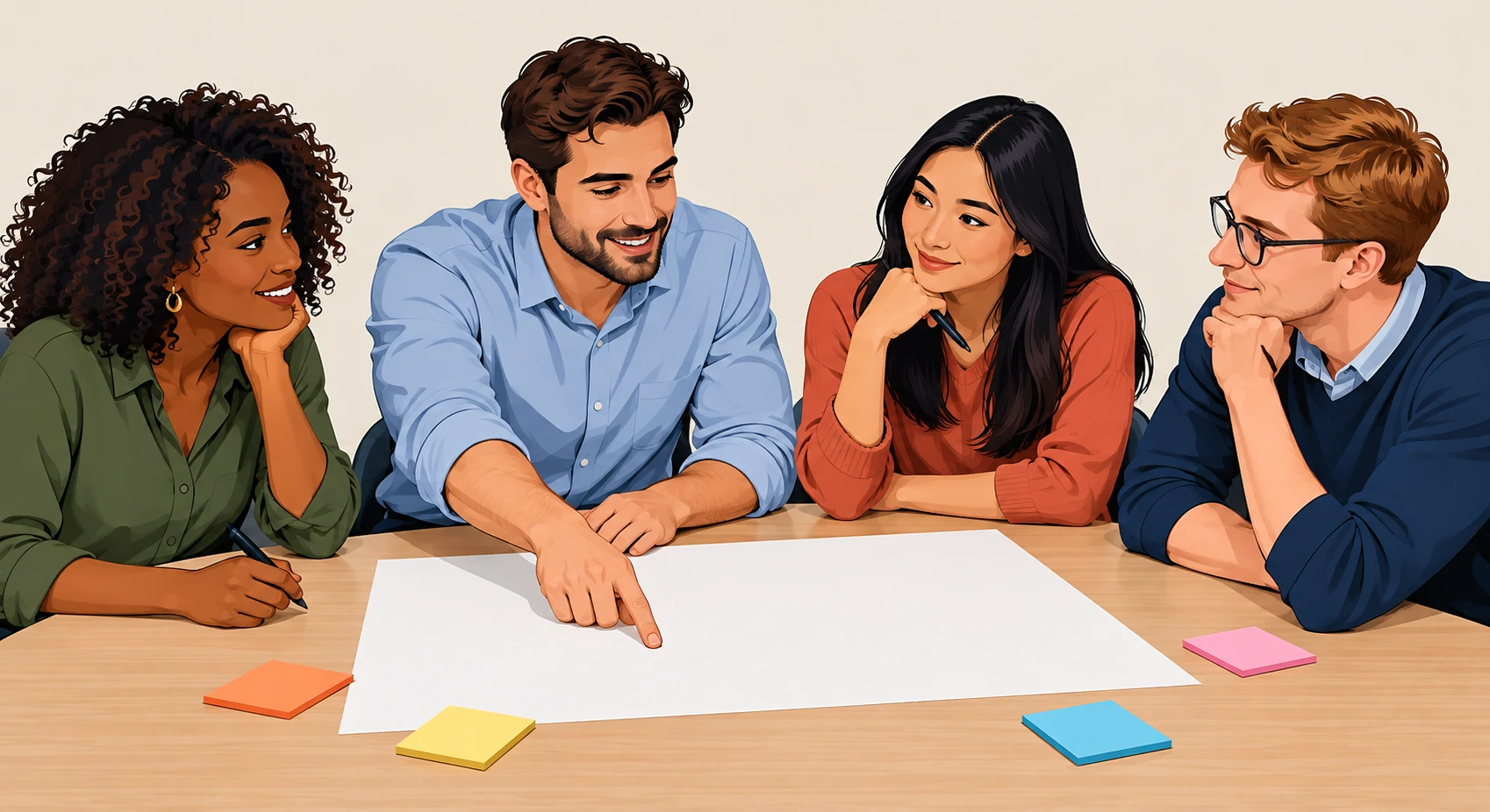 Illustration of a group work session in a training seminar (bold graphic)