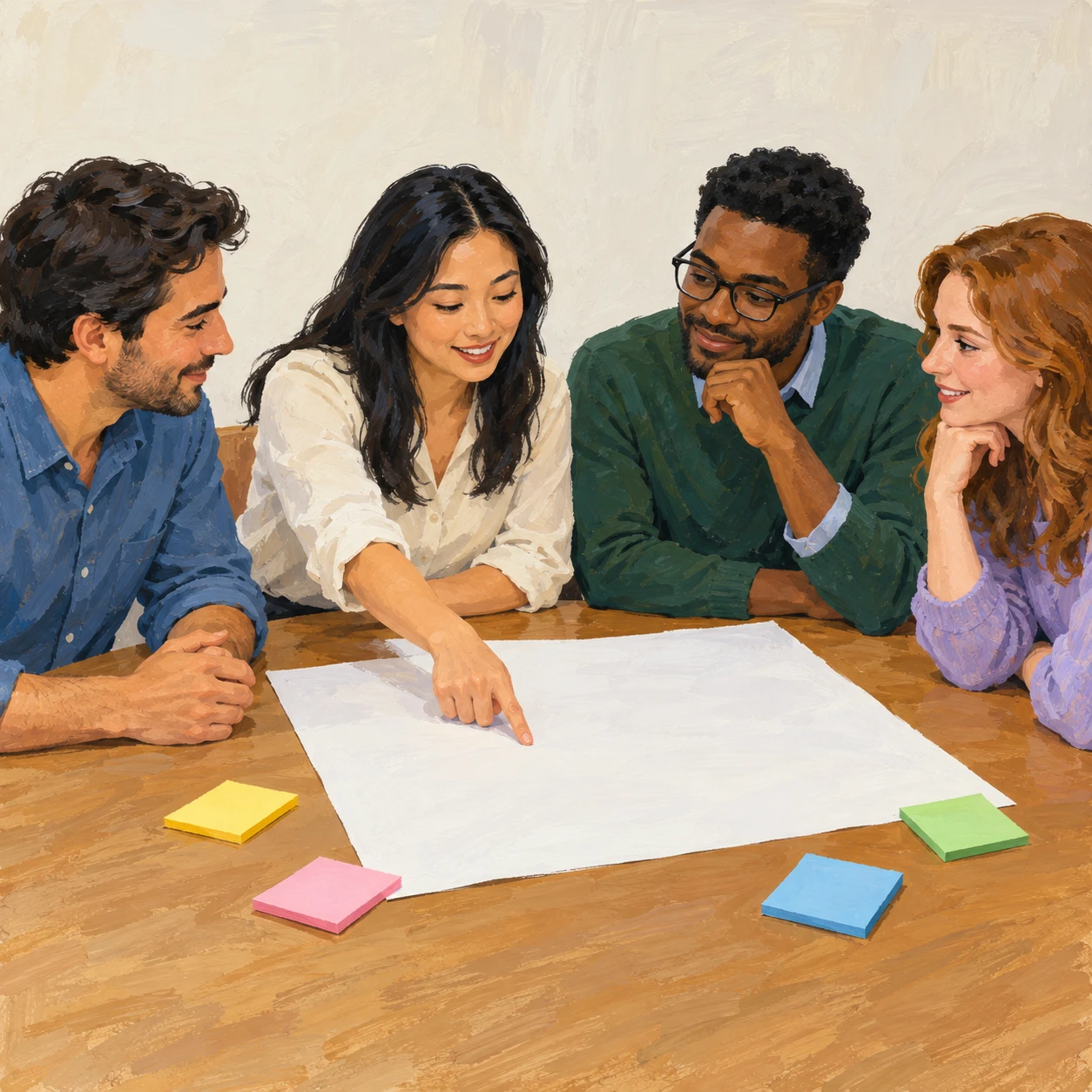 Illustration of a group work session in a training seminar (gouache)