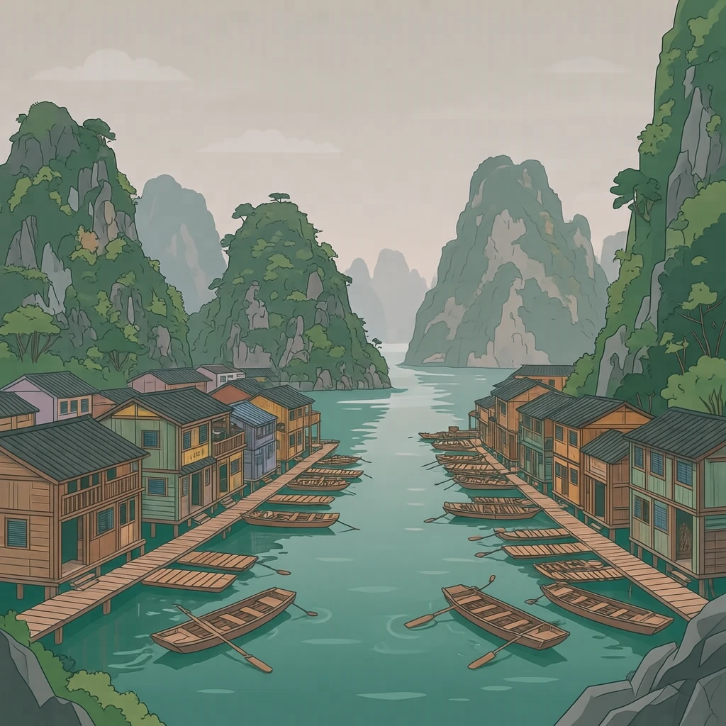 世界遺産・ハロン湾の水上の家々のイラスト(フラットイラスト)