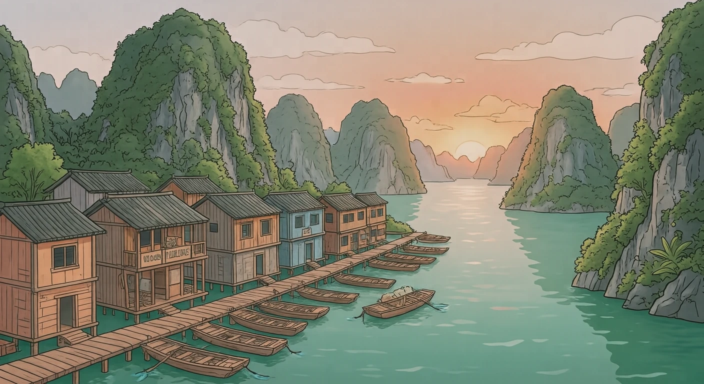 世界遺産・ハロン湾の水上の家々のイラスト(ゆるいイラスト)