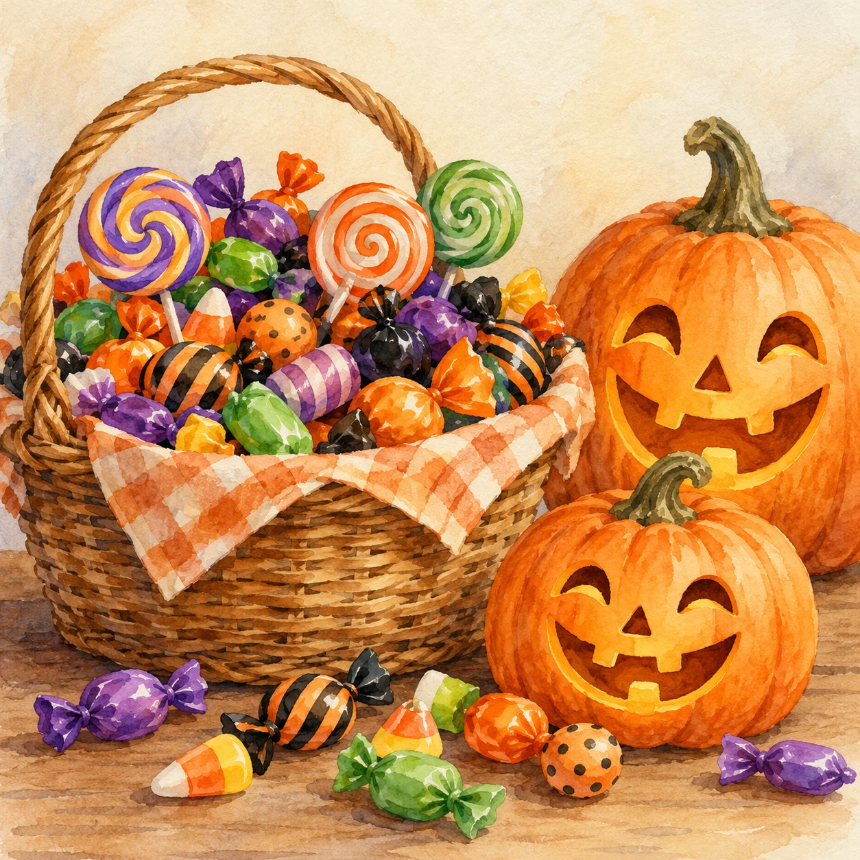 Illustration of Halloween candy and pumpkins (watercolor)