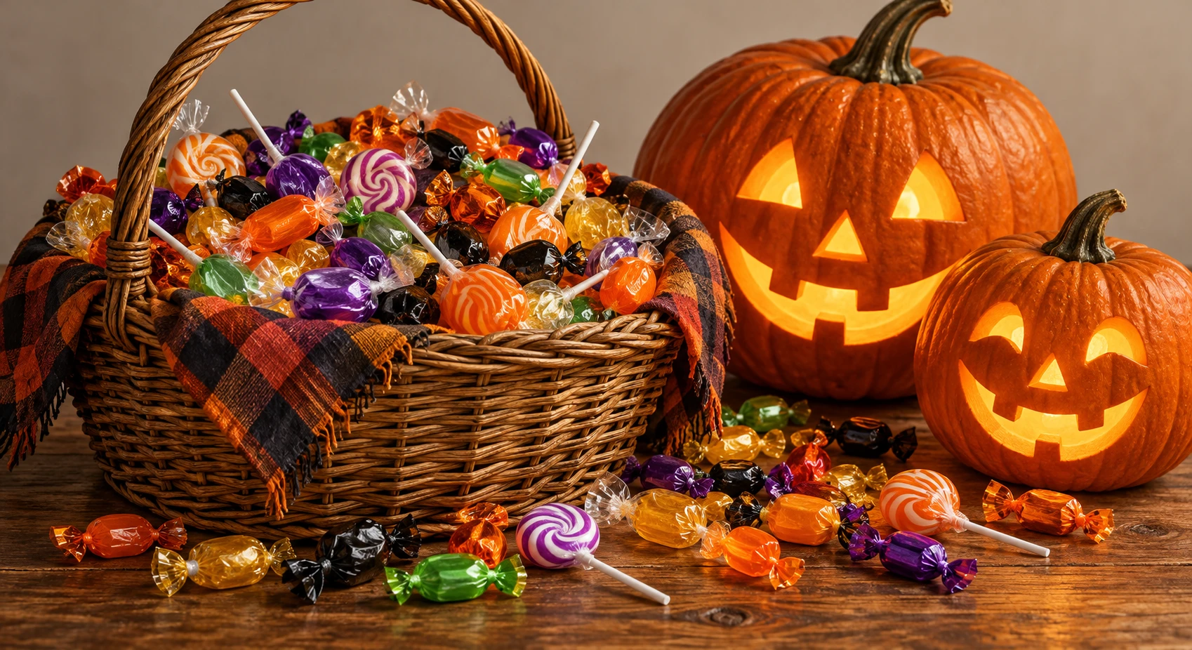 Illustration of a basket full of sweets and jack-o'-lanterns