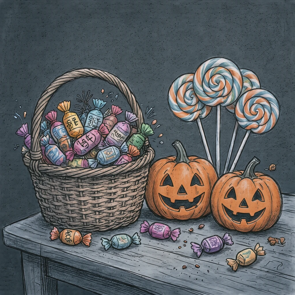 ハロウィンのキャンディとかぼちゃのイラスト(手描き風)