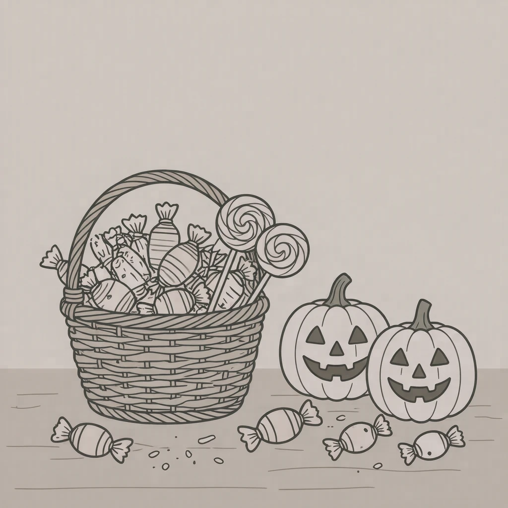 ハロウィンのキャンディとかぼちゃのイラスト(シンプル線画)