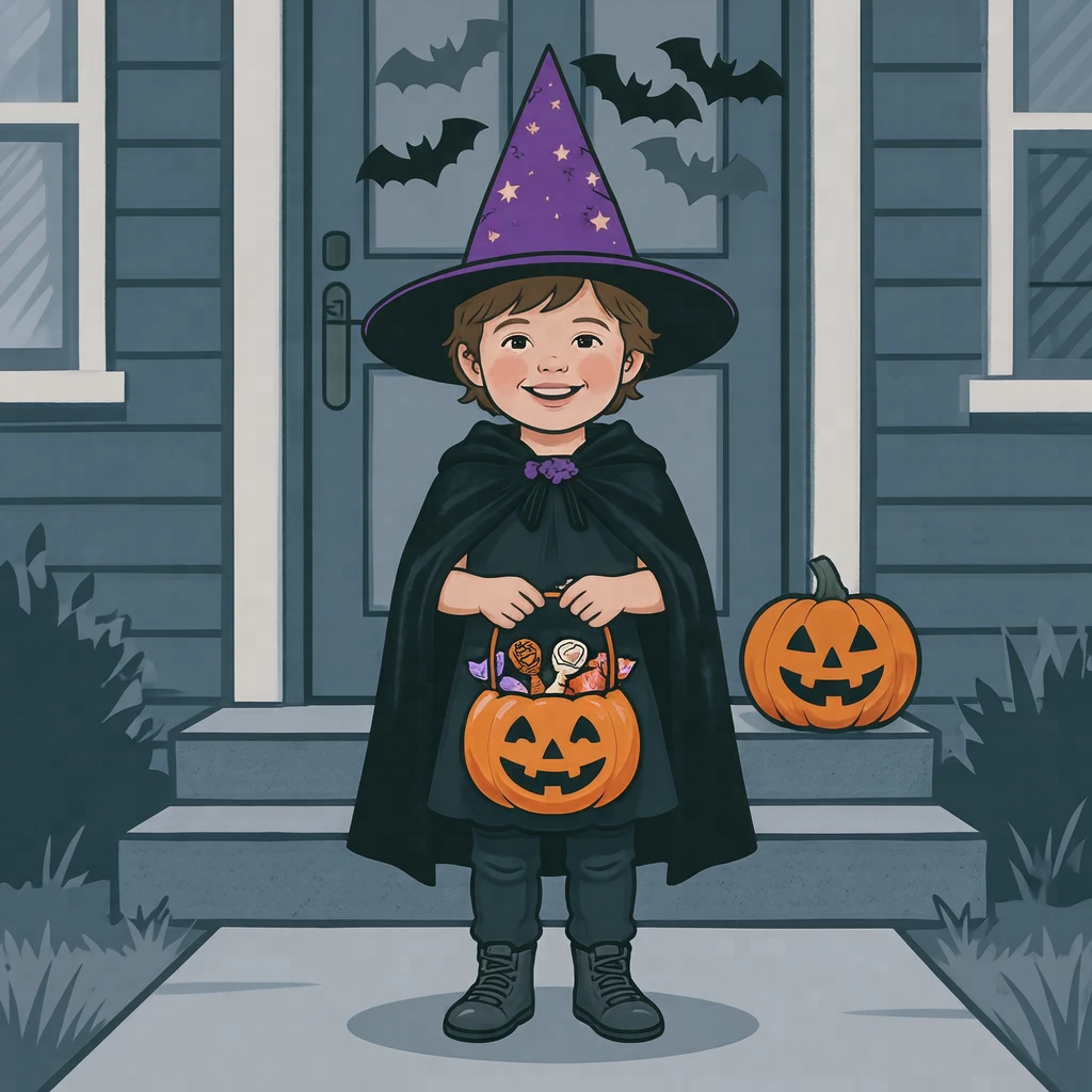 Illustration of a child in a Halloween costume holding a basket of sweets (bold graphic)