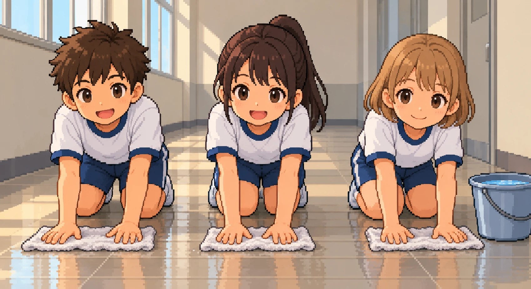 廊下で雑巾がけをする子どもたちのイラスト(ドット絵)