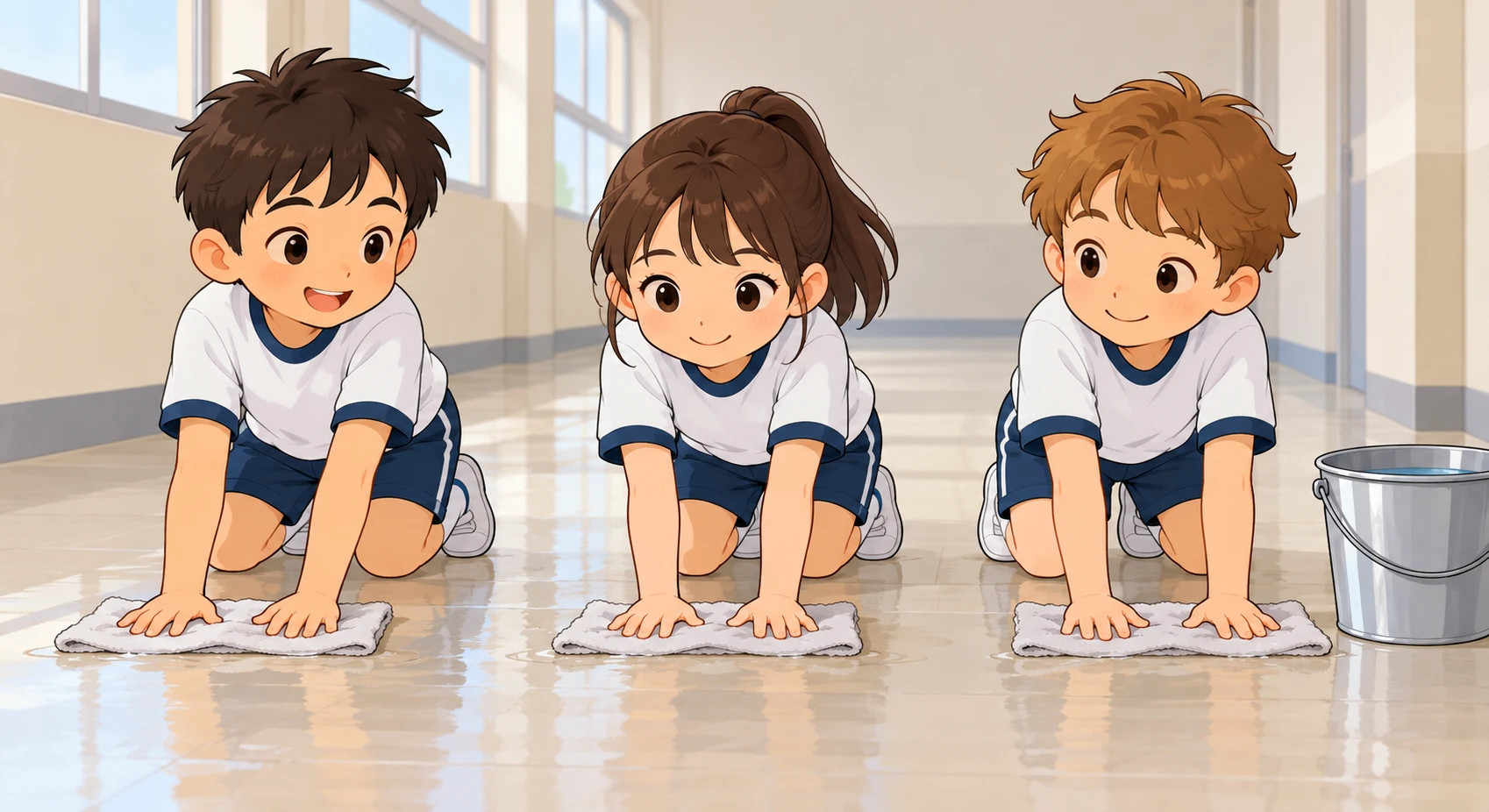 廊下で雑巾がけをする子どもたちのイラスト(ゆるいイラスト)