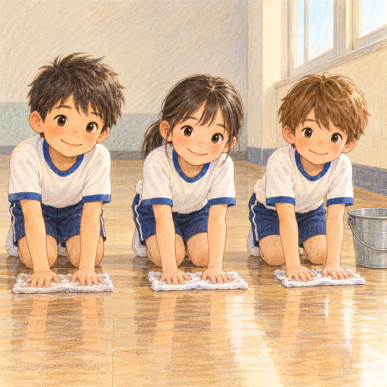 廊下で雑巾がけをする子どもたちのイラスト(色鉛筆)