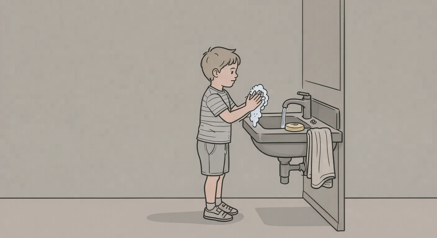 Illustration of a child washing hands with soap at a school sink (simple line art)