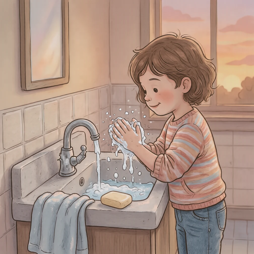Illustration of a child washing hands with soap at a school sink (soft pastel)