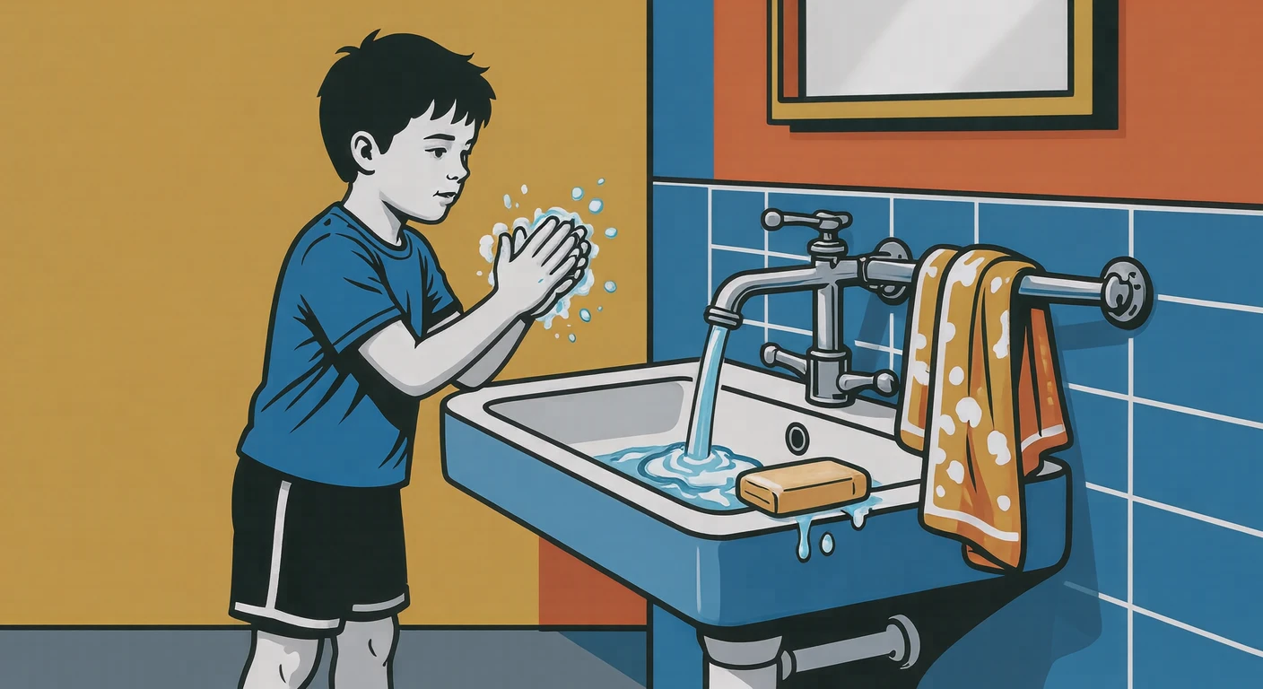 Illustration of a child washing hands with soap at a school sink (bold graphic)