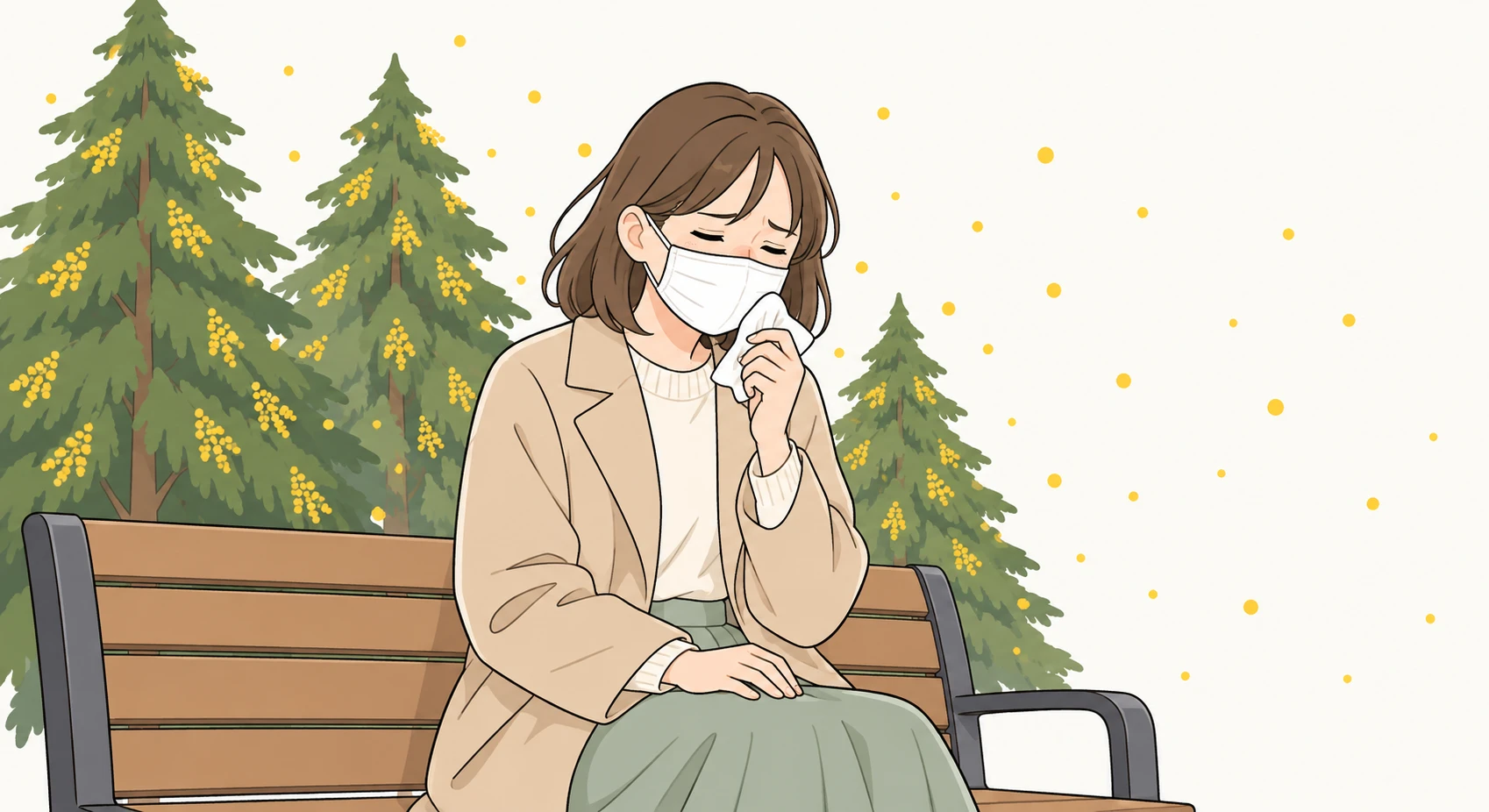 마스크를 쓰고 재채기하는 꽃가루 알레르기 환자 일러스트 (심플 라인아트)
