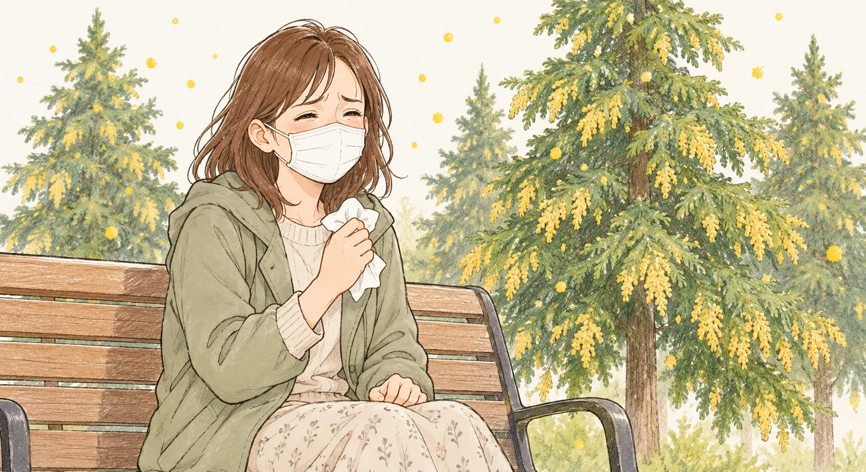 마스크를 쓰고 재채기하는 꽃가루 알레르기 환자 일러스트 (손그림풍)