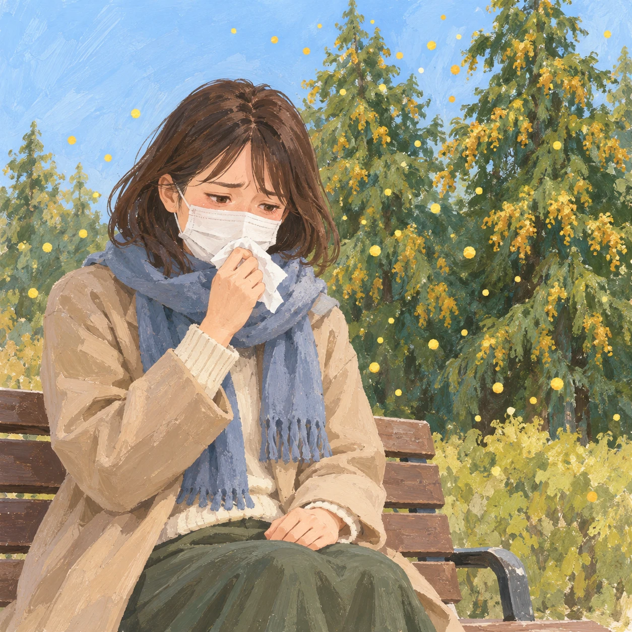마스크를 쓰고 재채기하는 꽃가루 알레르기 환자 일러스트 (과슈)