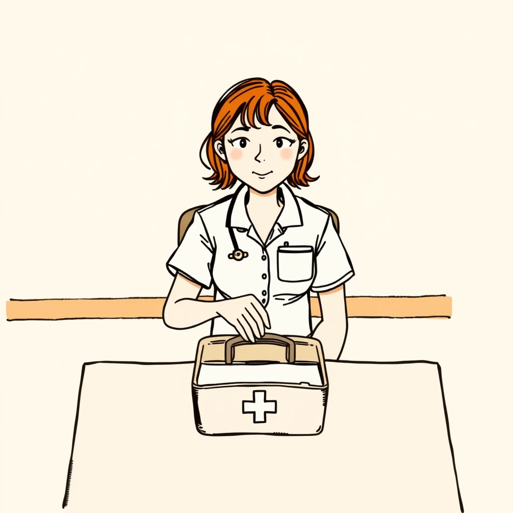 養護教諭・健康相談・ケア・救急箱・机のイラスト