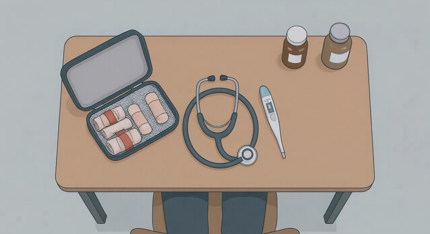 保健室の聴診器と体温計と救急箱のイラスト（フラットイラスト）