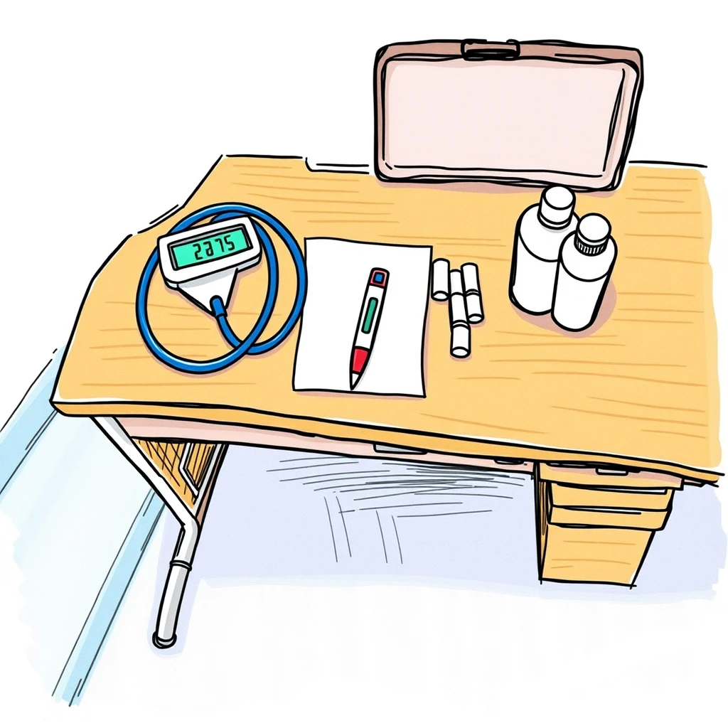 保健室の聴診器と体温計と救急箱のイラスト