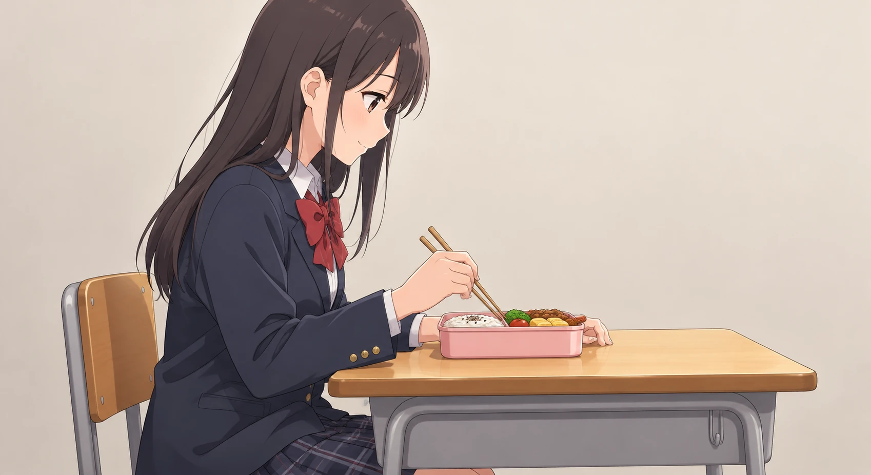 Illustration of a high-school student eating a packed lunch in a classroom (anime cel-shaded)