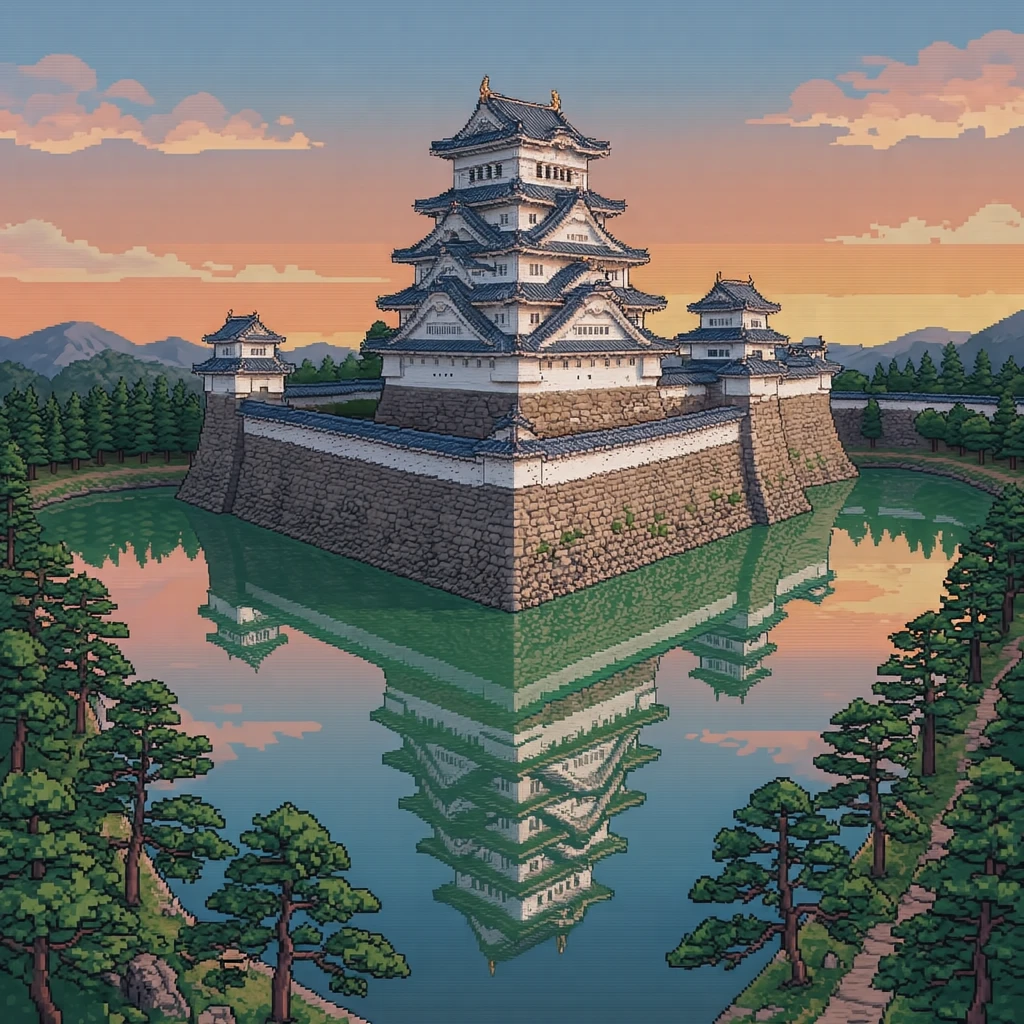 世界遗产从护城河与石墙仰望的姬路城插画（像素画）