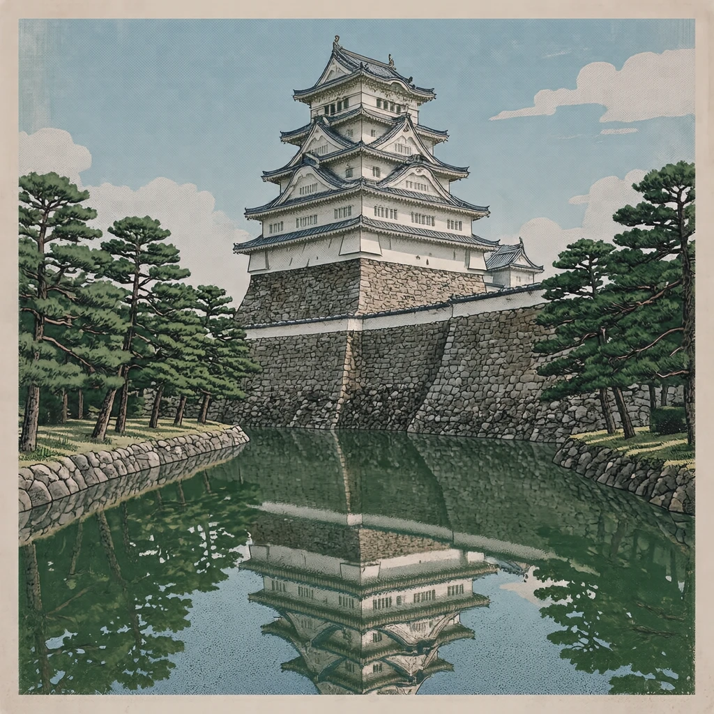 世界遗产从护城河与石墙仰望的姬路城插画（复古印刷）