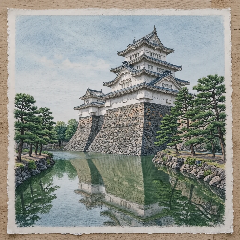 世界遗产从护城河与石墙仰望的姬路城插画（彩铅）