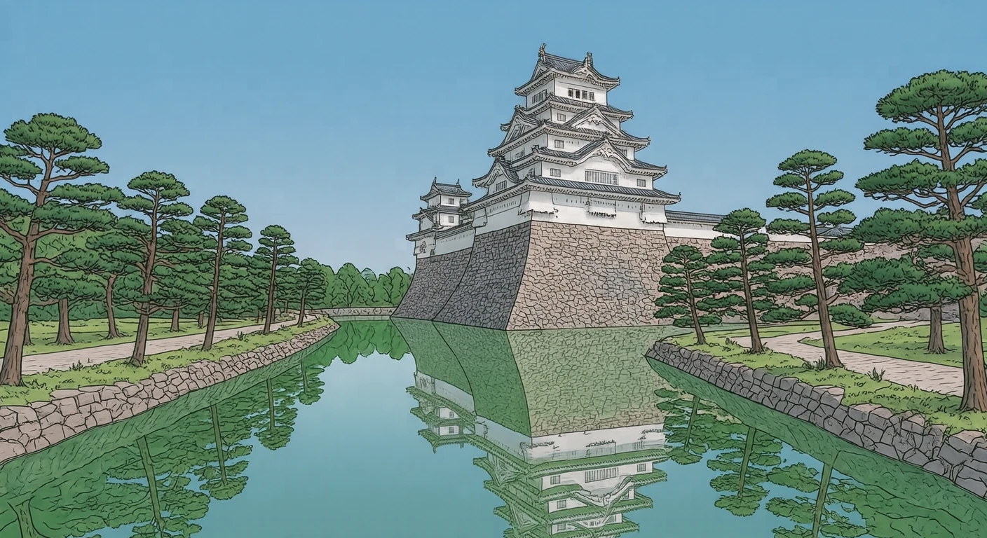 世界遗产从护城河与石墙仰望的姬路城插画（简约线描）