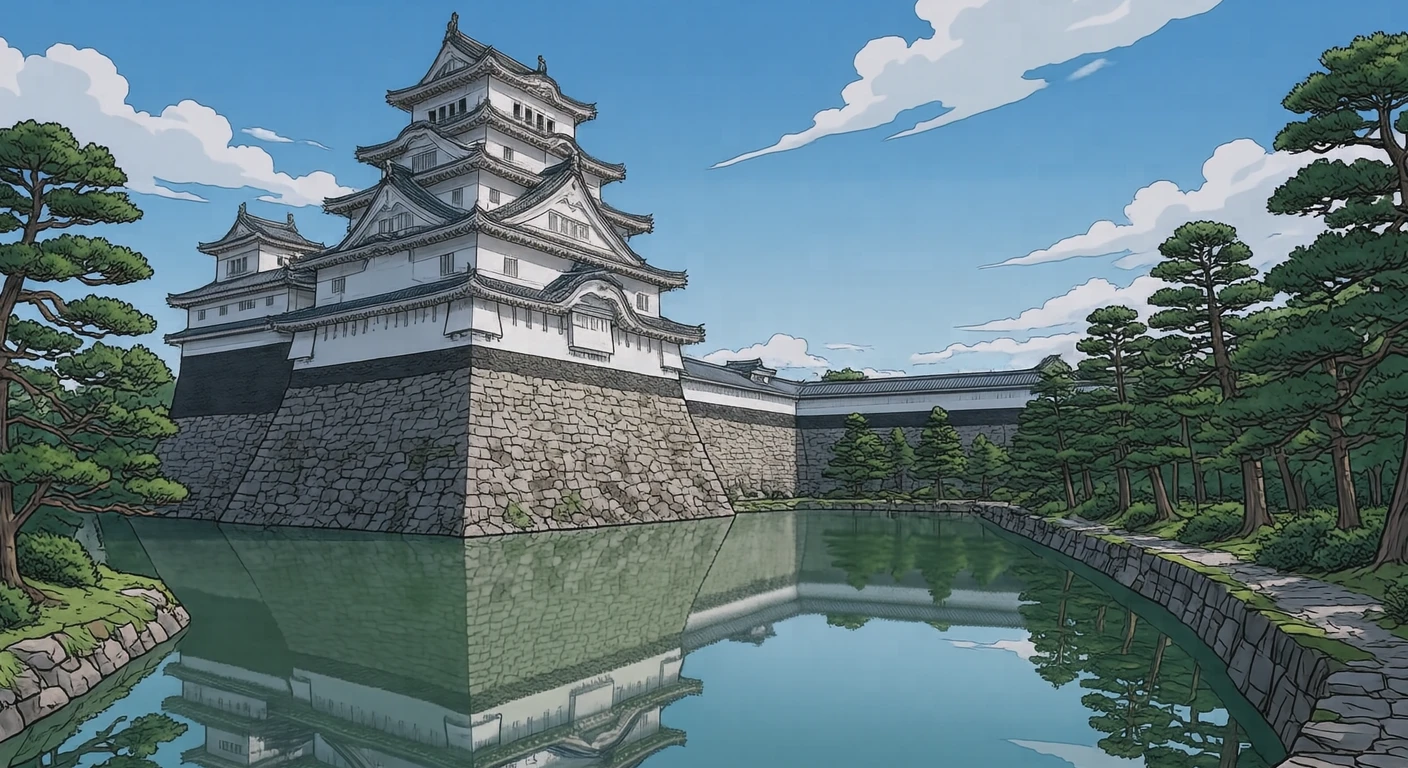 世界遗产从护城河与石墙仰望的姬路城插画（动画平涂）
