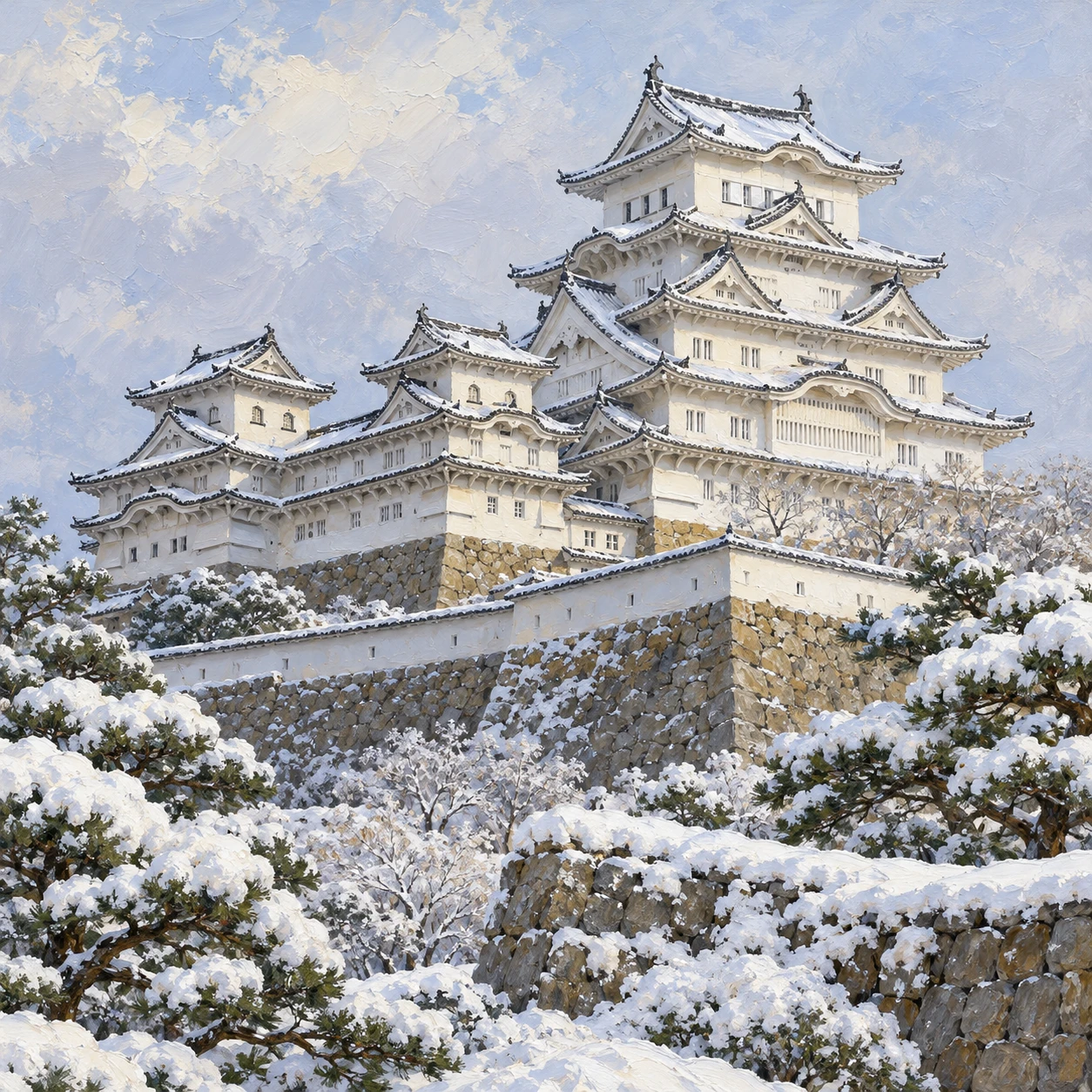 世界遺産・雪化粧の姫路城のイラスト（油彩）