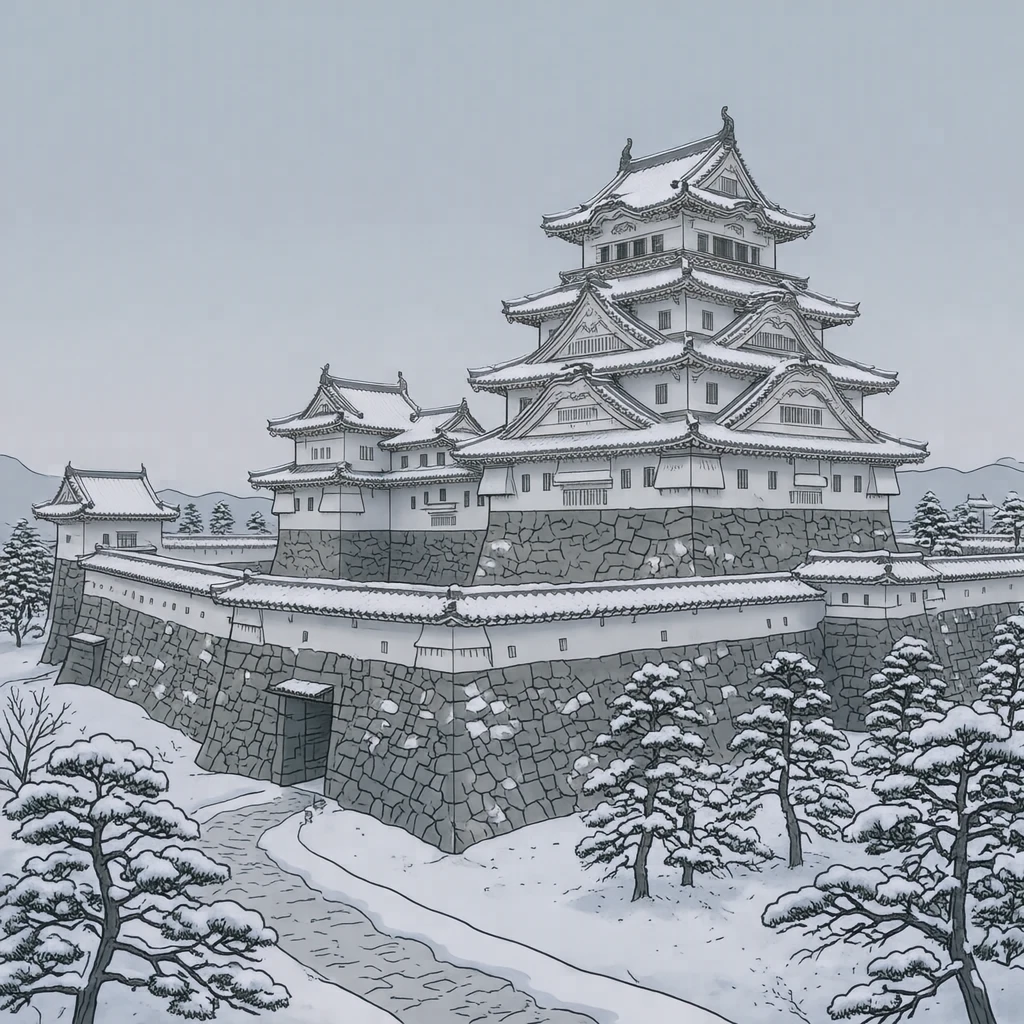 世界遗产银装素裹的姬路城插画（简约线描）