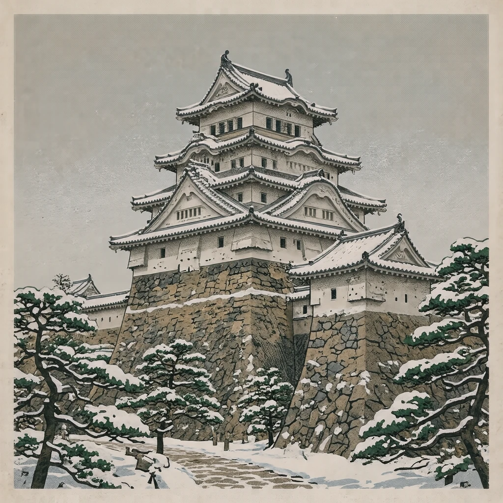 世界遗产银装素裹的姬路城插画（复古印刷）