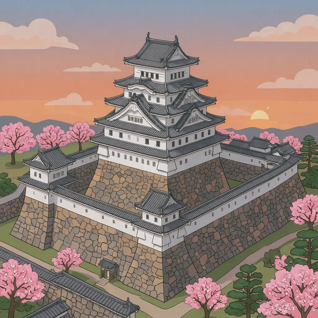 세계유산 히메지성과 벚꽃 일러스트 (플랫 일러스트)