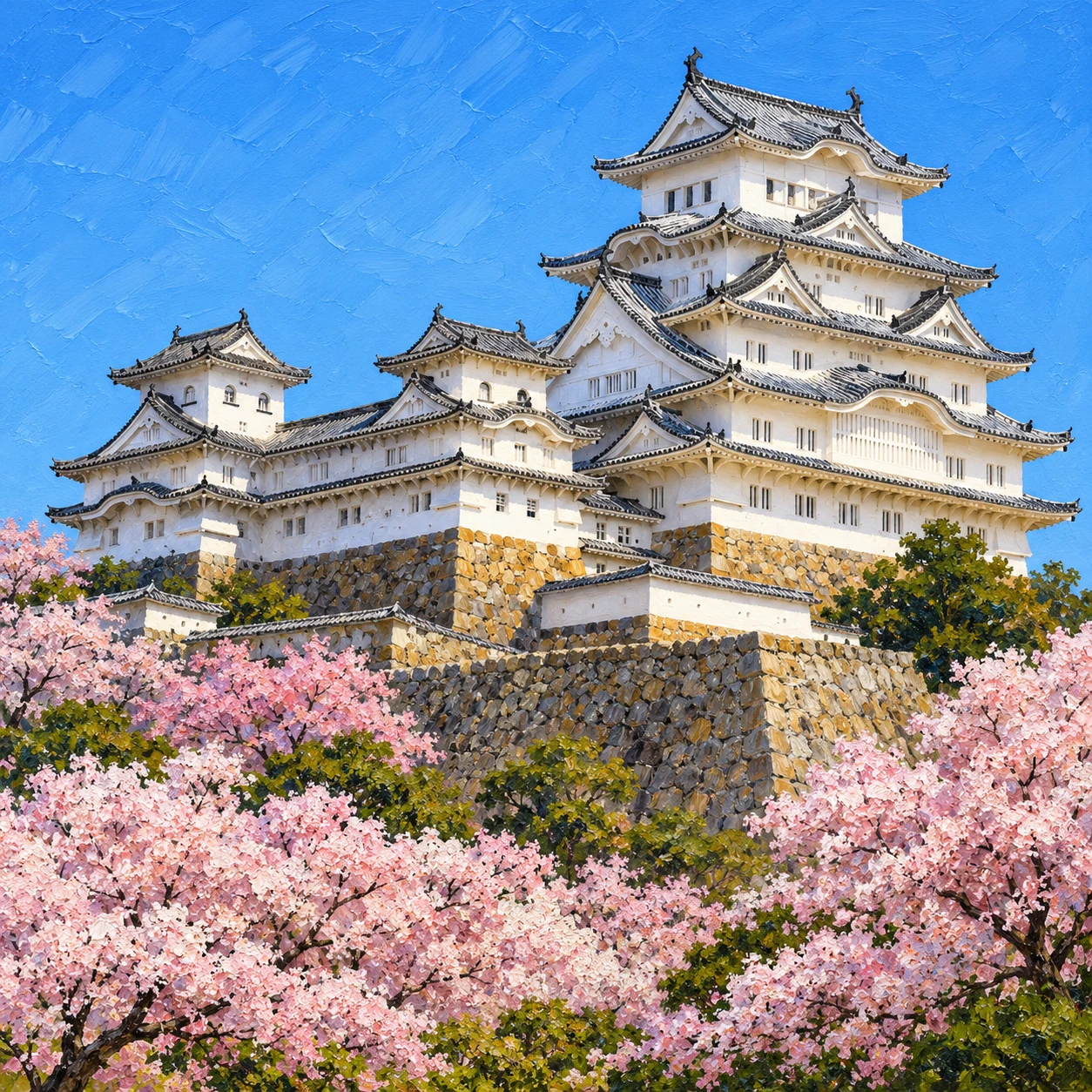 世界遺産・姫路城と桜のイラスト（油彩）