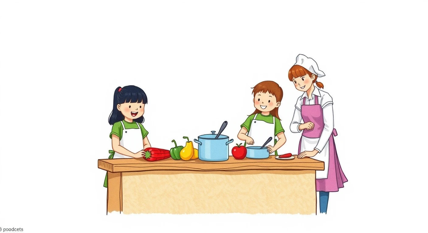 エプロン姿で調理実習をする生徒たちの色鉛筆風イラスト