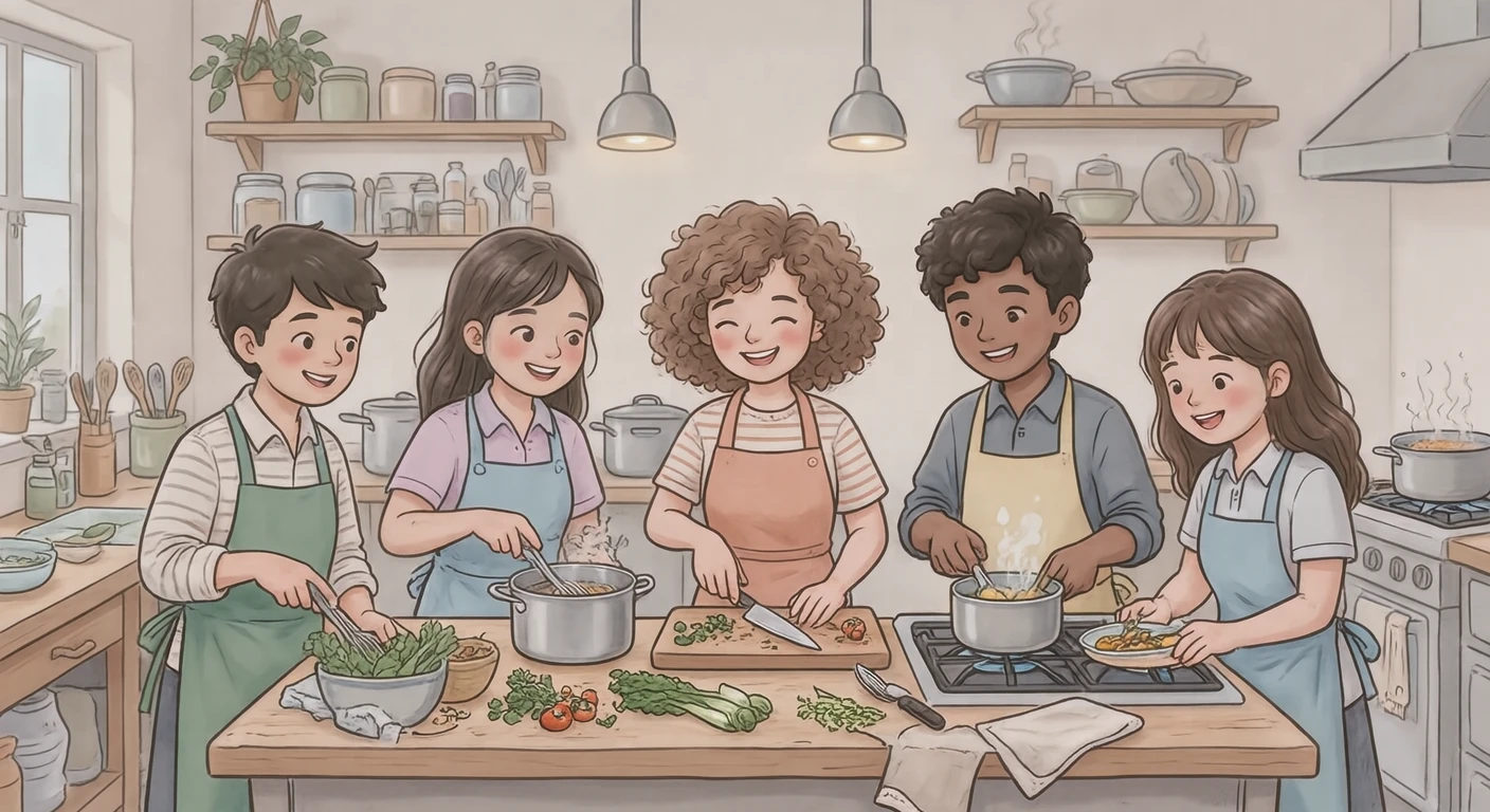 エプロン姿で調理実習をする生徒たちのイラスト（ソフトパステル）